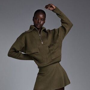 Zara High Neck Green Quarter Zip Sweater